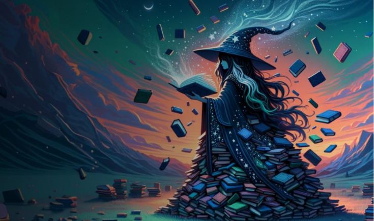 Graphic of sorceress made of books in front of a mountainous green, blue, and purple background